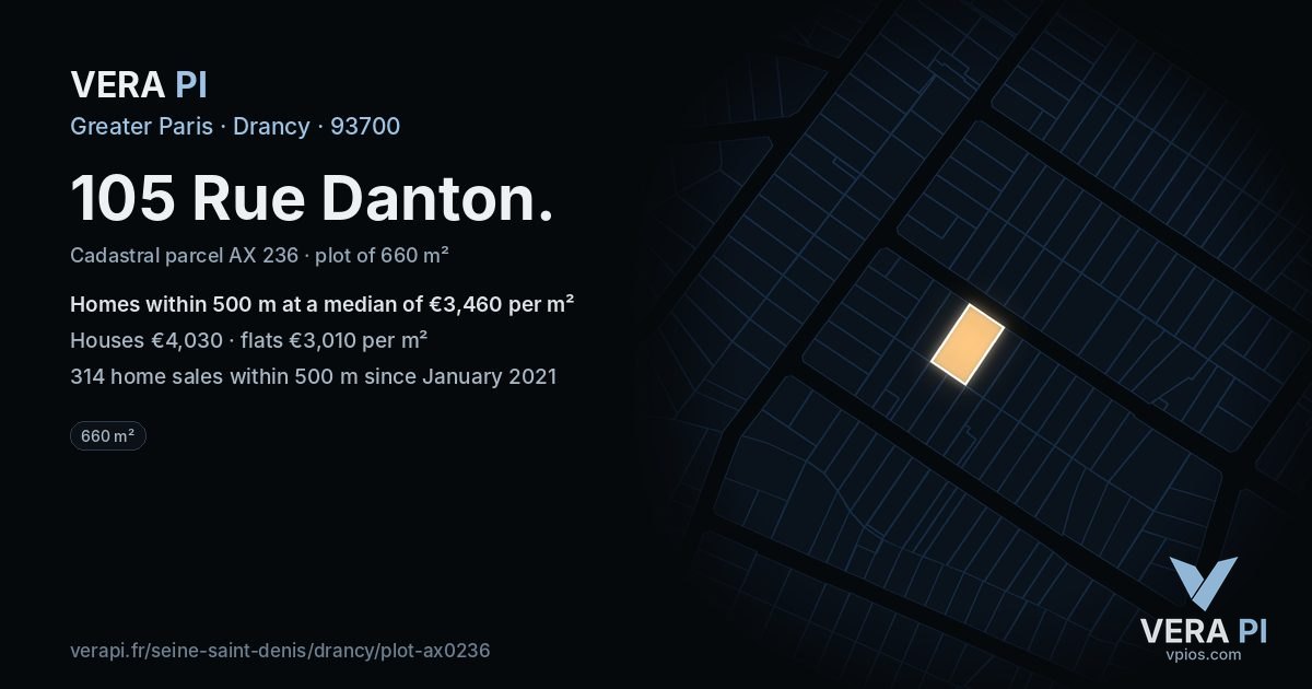 105 Rue Danton, Drancy at night – the plot lit, the parcels around coloured by the prices near them