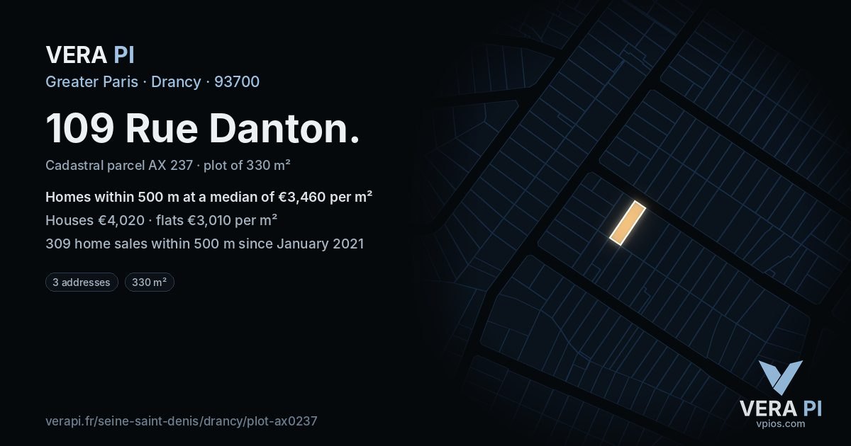 109 Rue Danton, Drancy at night – the plot lit, the parcels around coloured by the prices near them