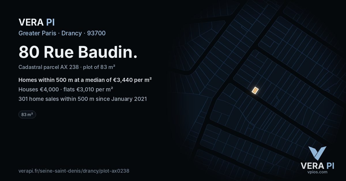80 Rue Baudin, Drancy at night – the plot lit, the parcels around coloured by the prices near them