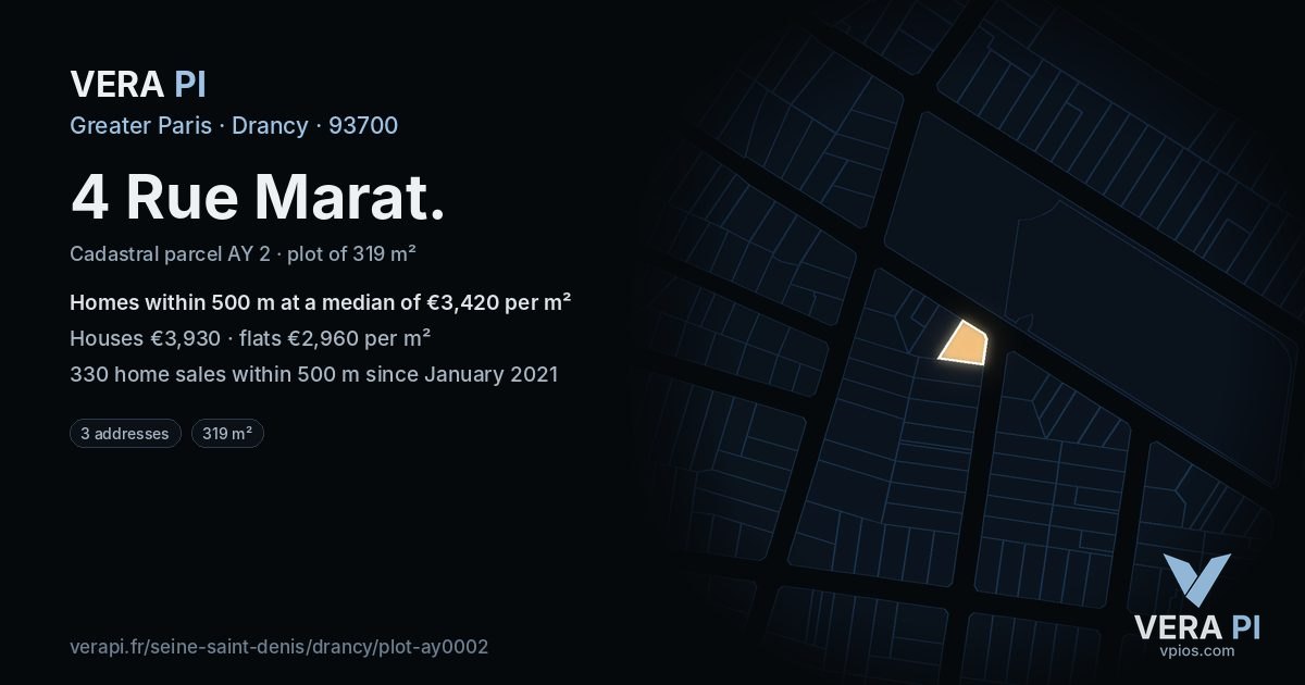 4 Rue Marat, Drancy at night – the plot lit, the parcels around coloured by the prices near them