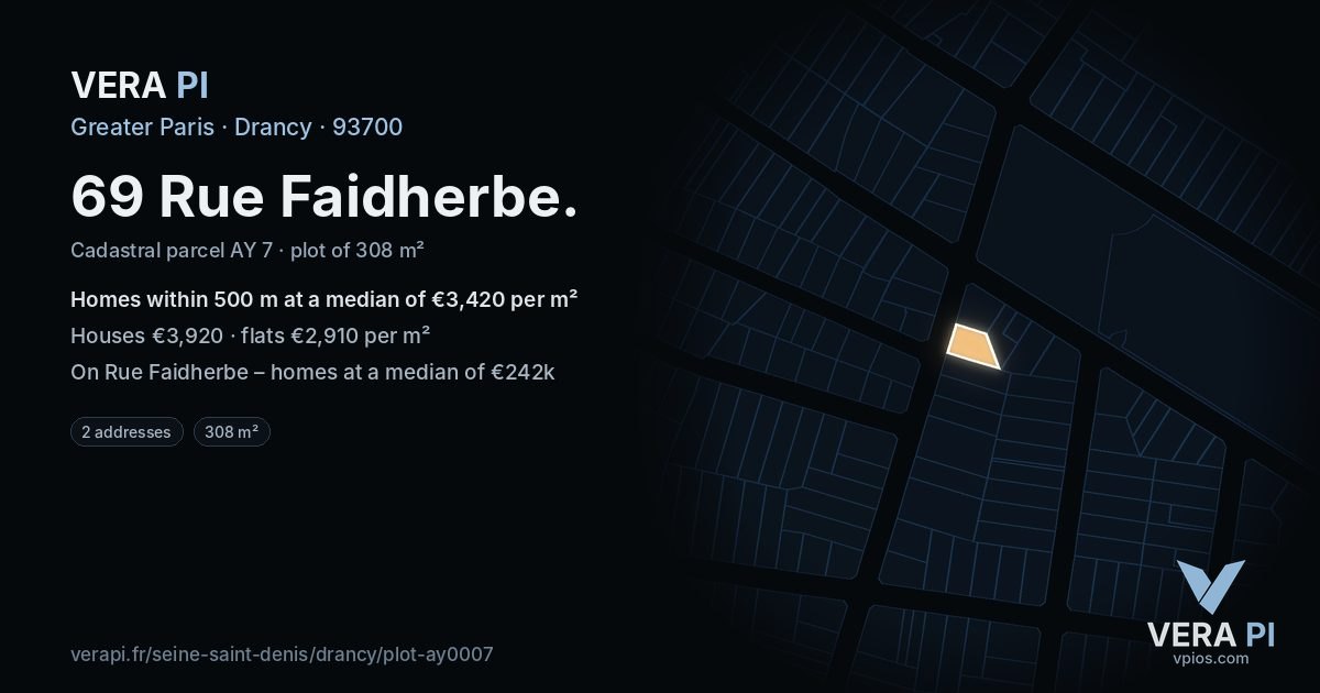 69 Rue Faidherbe, Drancy at night – the plot lit, the parcels around coloured by the prices near them
