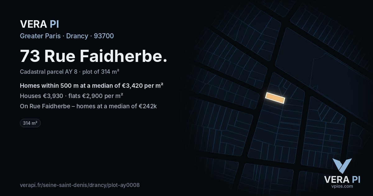 73 Rue Faidherbe, Drancy at night – the plot lit, the parcels around coloured by the prices near them