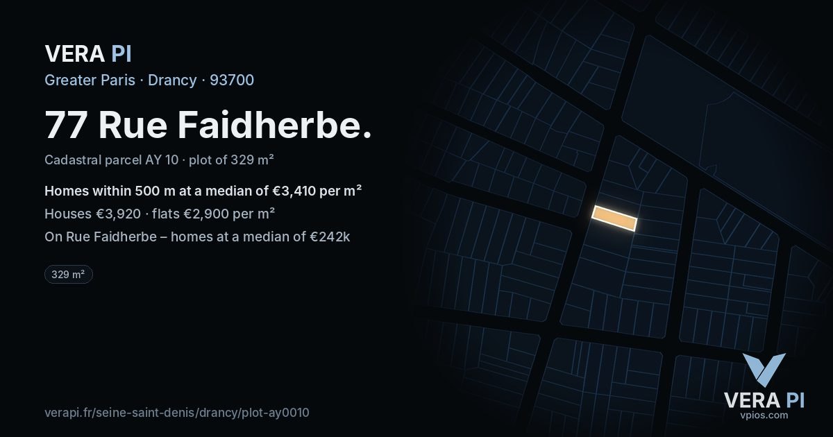 77 Rue Faidherbe, Drancy at night – the plot lit, the parcels around coloured by the prices near them