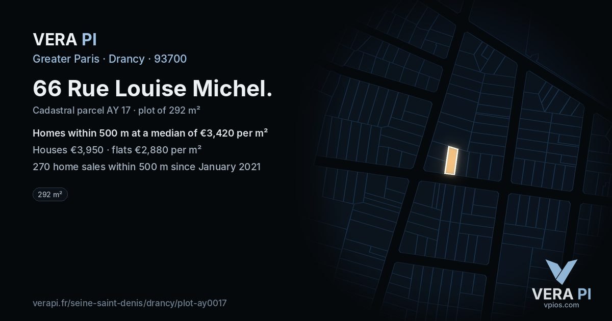 66 Rue Louise Michel, Drancy at night – the plot lit, the parcels around coloured by the prices near them