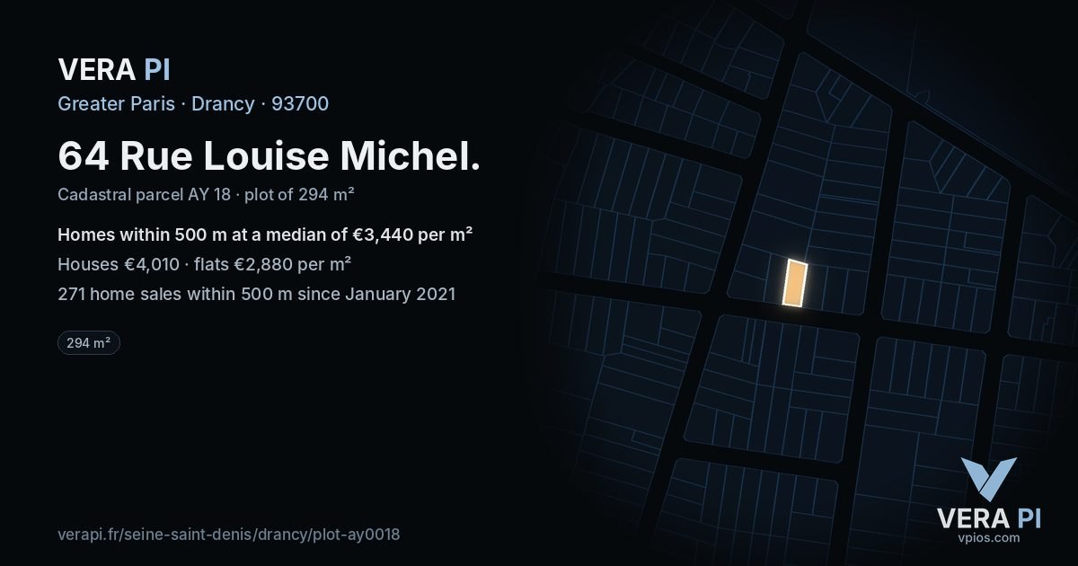 64 Rue Louise Michel, Drancy at night – the plot lit, the parcels around coloured by the prices near them