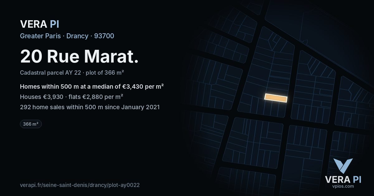 20 Rue Marat, Drancy at night – the plot lit, the parcels around coloured by the prices near them