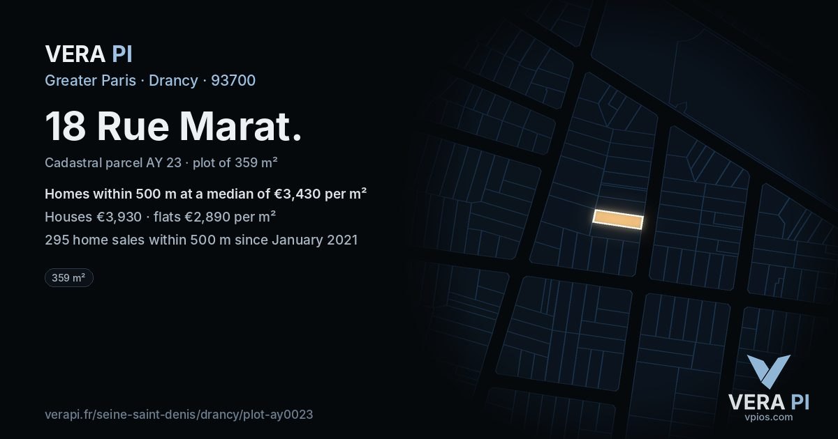 18 Rue Marat, Drancy at night – the plot lit, the parcels around coloured by the prices near them