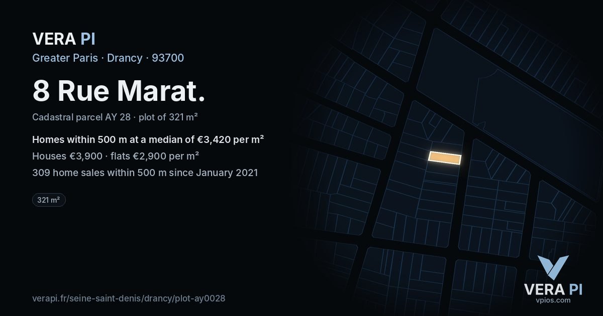 8 Rue Marat, Drancy at night – the plot lit, the parcels around coloured by the prices near them