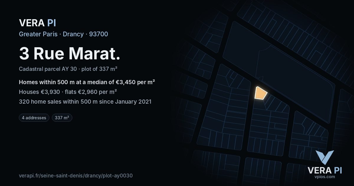 3 Rue Marat, Drancy at night – the plot lit, the parcels around coloured by the prices near them