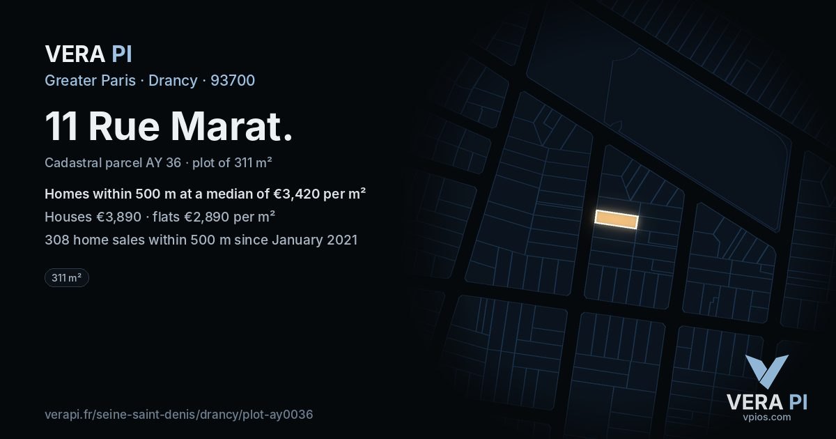 11 Rue Marat, Drancy at night – the plot lit, the parcels around coloured by the prices near them