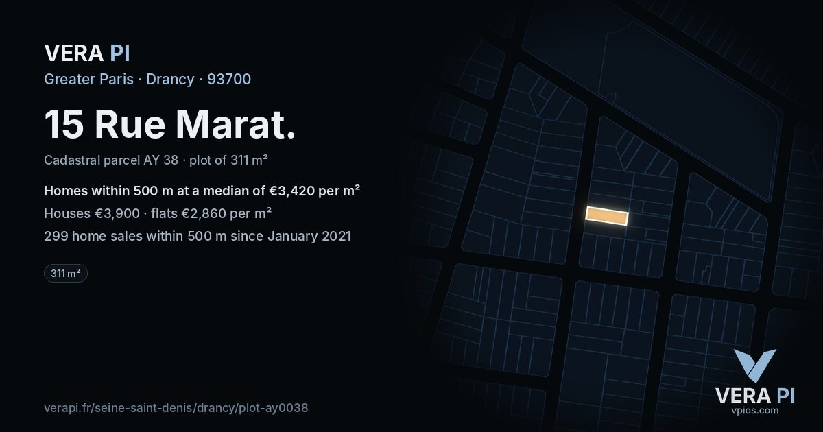 15 Rue Marat, Drancy at night – the plot lit, the parcels around coloured by the prices near them