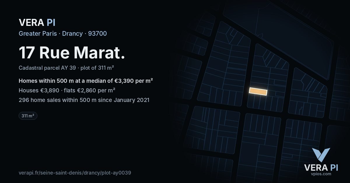 17 Rue Marat, Drancy at night – the plot lit, the parcels around coloured by the prices near them