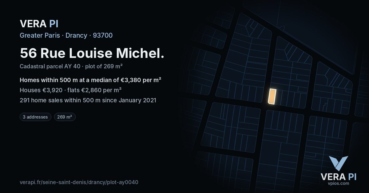 56 Rue Louise Michel, Drancy at night – the plot lit, the parcels around coloured by the prices near them
