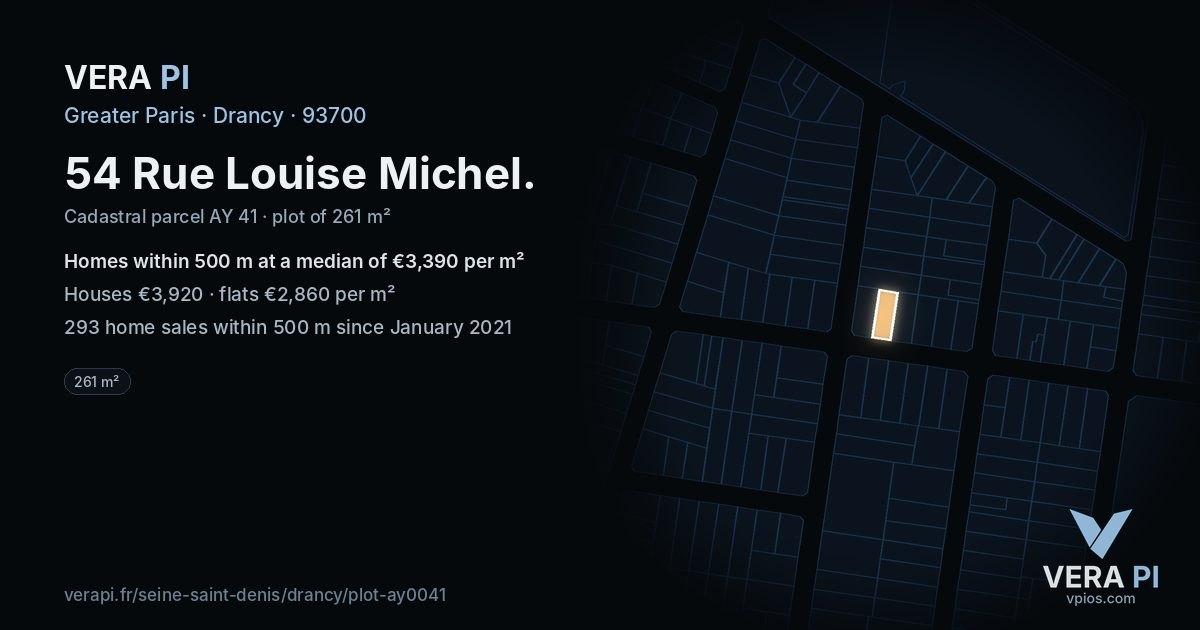 54 Rue Louise Michel, Drancy at night – the plot lit, the parcels around coloured by the prices near them
