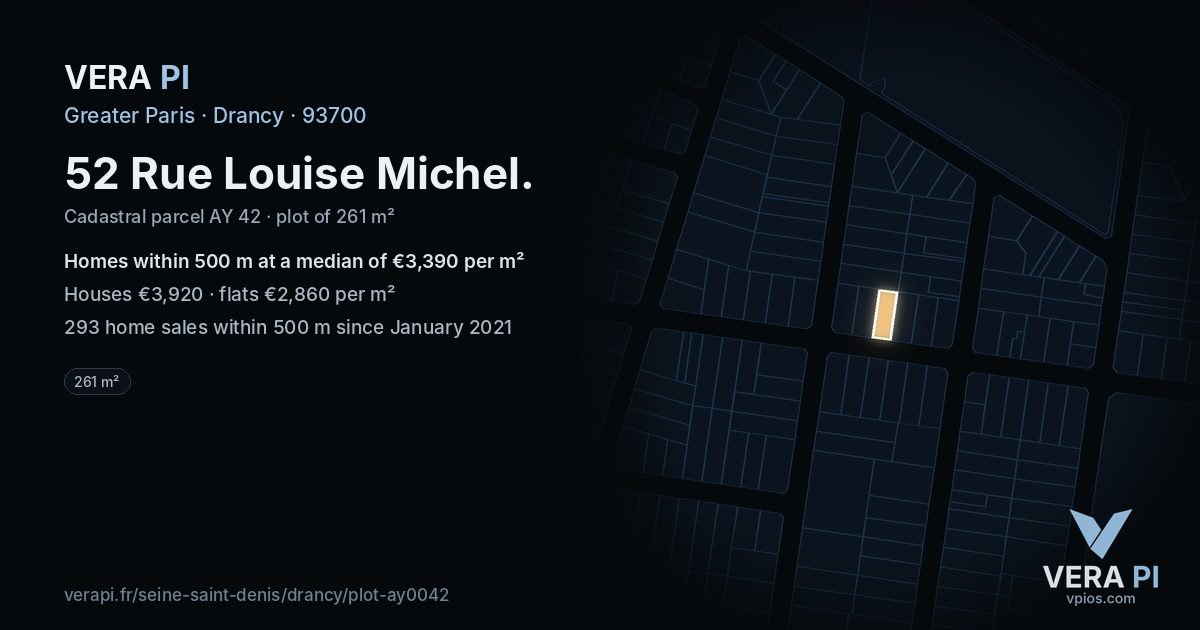 52 Rue Louise Michel, Drancy at night – the plot lit, the parcels around coloured by the prices near them