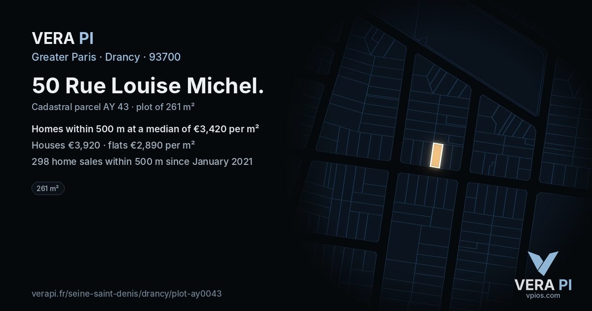 50 Rue Louise Michel, Drancy at night – the plot lit, the parcels around coloured by the prices near them