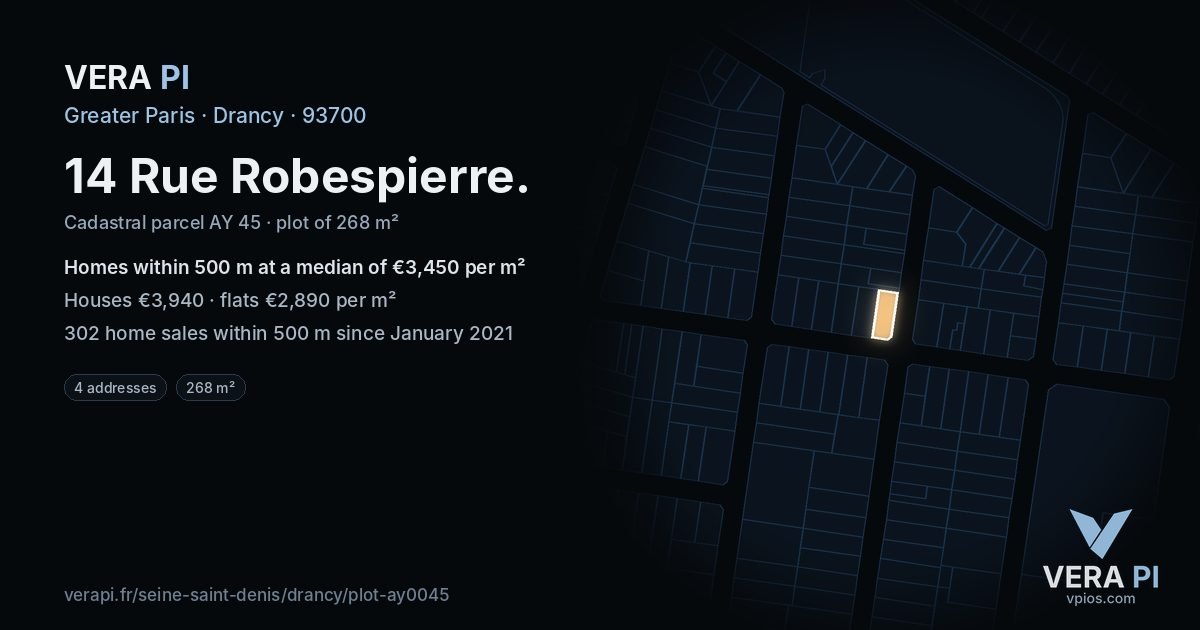 14 Rue Robespierre, Drancy at night – the plot lit, the parcels around coloured by the prices near them