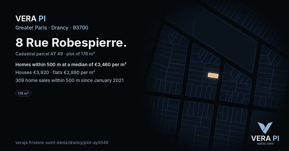 8 Rue Robespierre, Drancy at night – the plot lit, the parcels around coloured by the prices near them