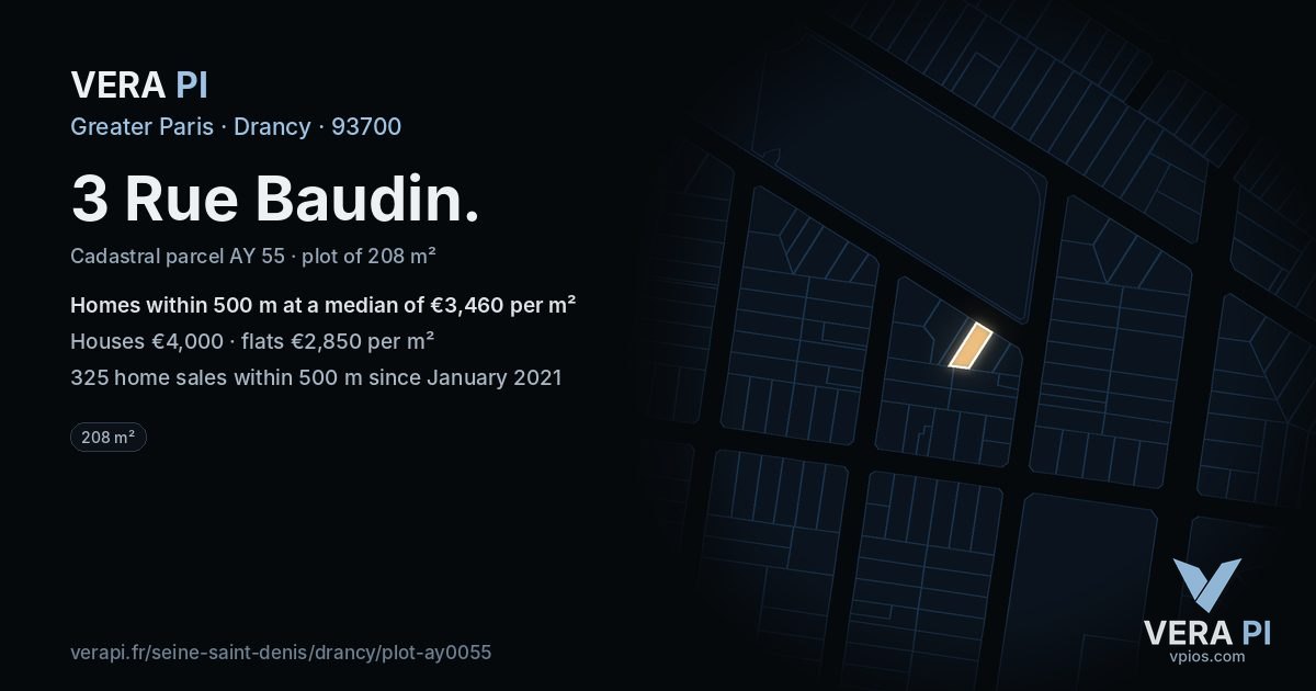 3 Rue Baudin, Drancy at night – the plot lit, the parcels around coloured by the prices near them