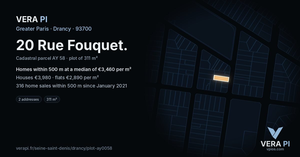 20 Rue Fouquet, Drancy at night – the plot lit, the parcels around coloured by the prices near them