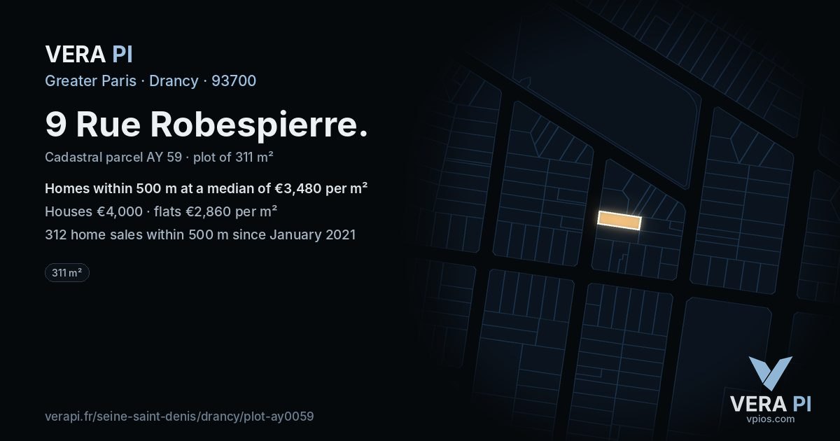 9 Rue Robespierre, Drancy at night – the plot lit, the parcels around coloured by the prices near them