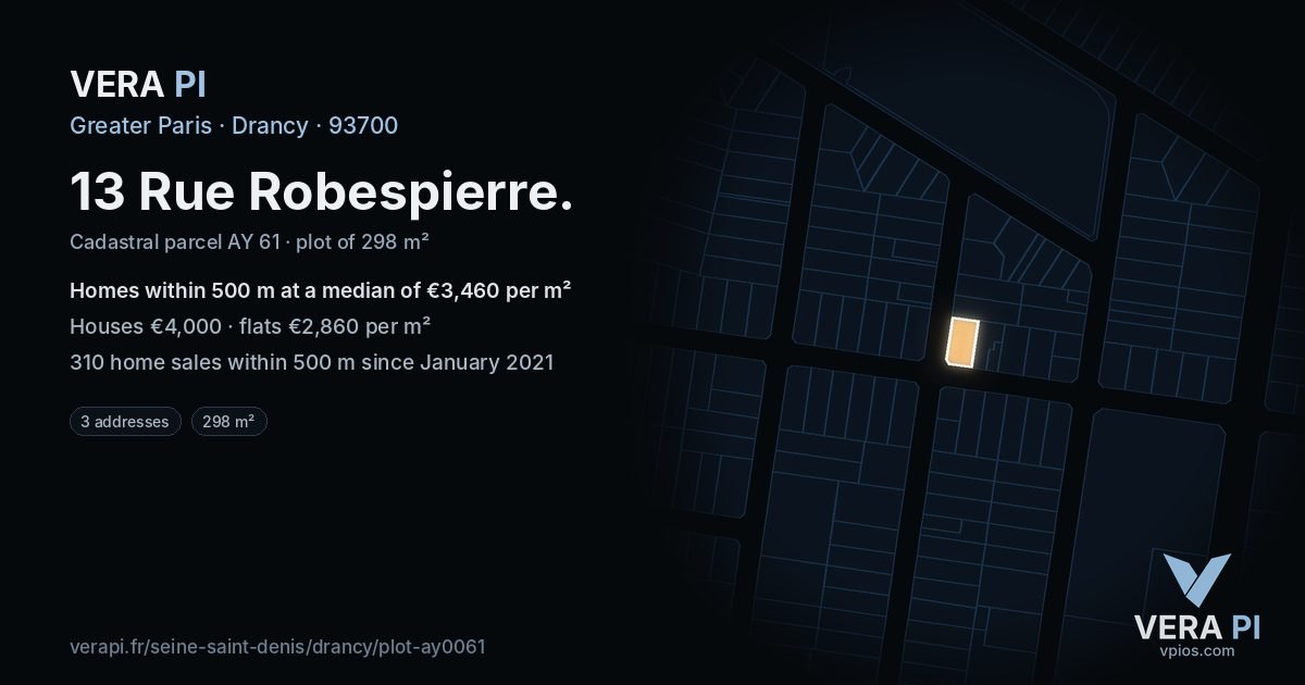 13 Rue Robespierre, Drancy at night – the plot lit, the parcels around coloured by the prices near them