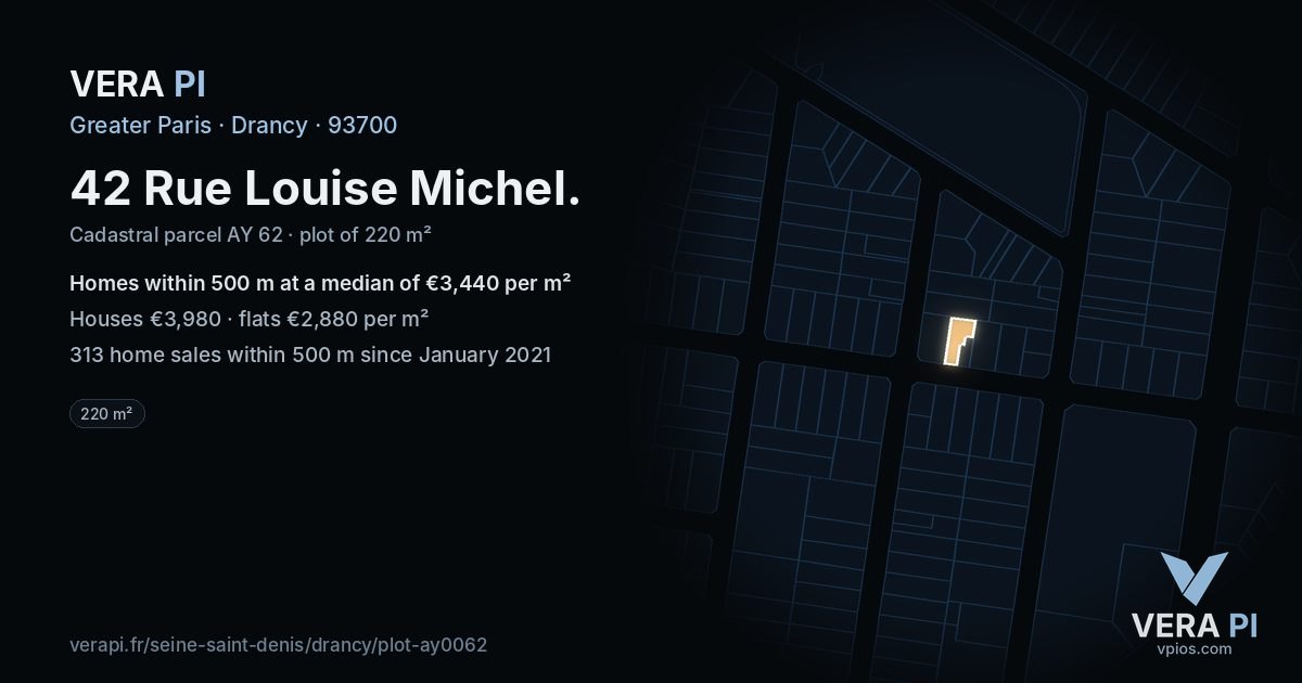42 Rue Louise Michel, Drancy at night – the plot lit, the parcels around coloured by the prices near them