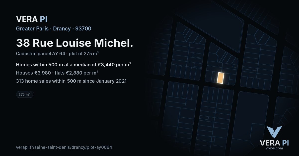 38 Rue Louise Michel, Drancy at night – the plot lit, the parcels around coloured by the prices near them
