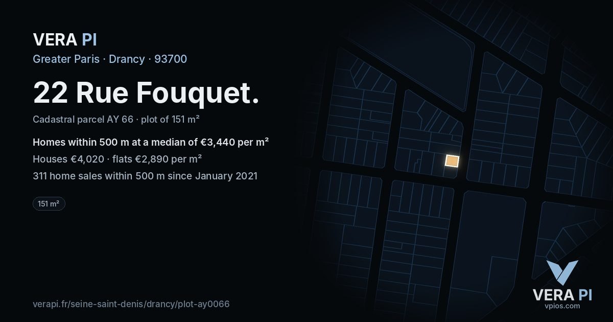 22 Rue Fouquet, Drancy at night – the plot lit, the parcels around coloured by the prices near them