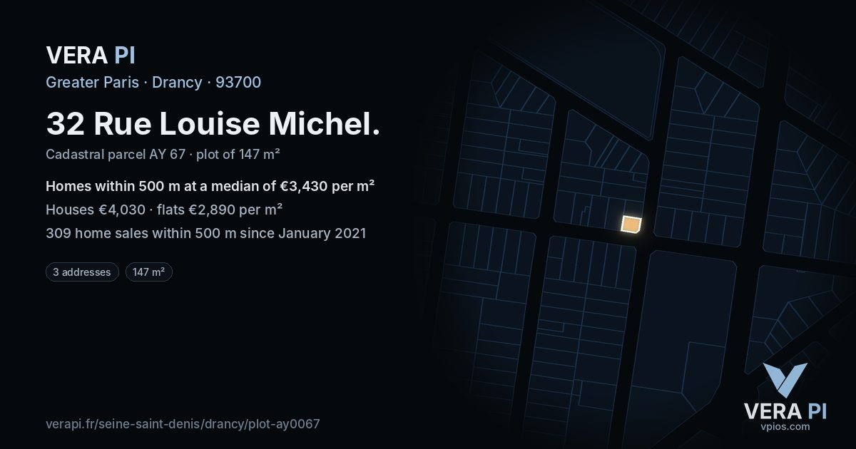 32 Rue Louise Michel, Drancy at night – the plot lit, the parcels around coloured by the prices near them