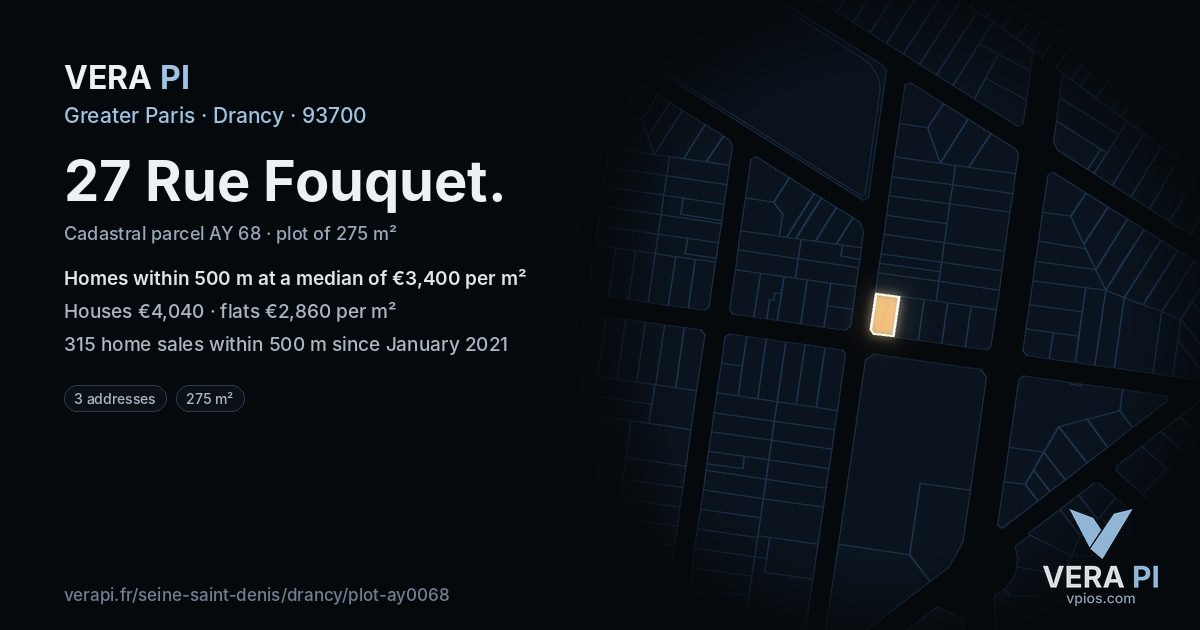 27 Rue Fouquet, Drancy at night – the plot lit, the parcels around coloured by the prices near them