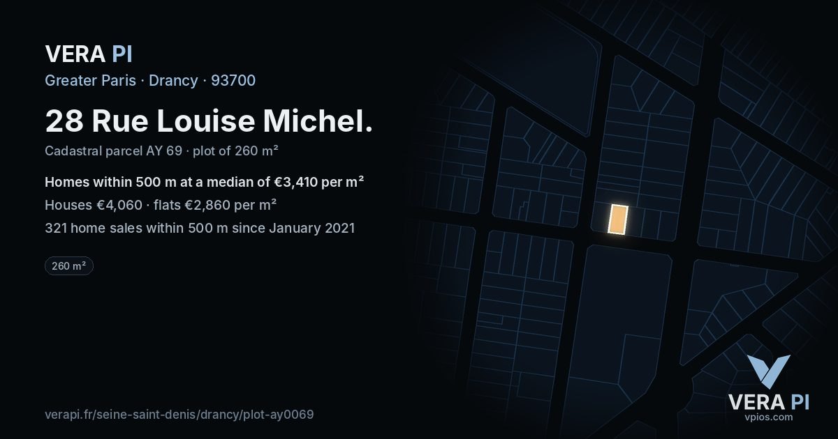 28 Rue Louise Michel, Drancy at night – the plot lit, the parcels around coloured by the prices near them