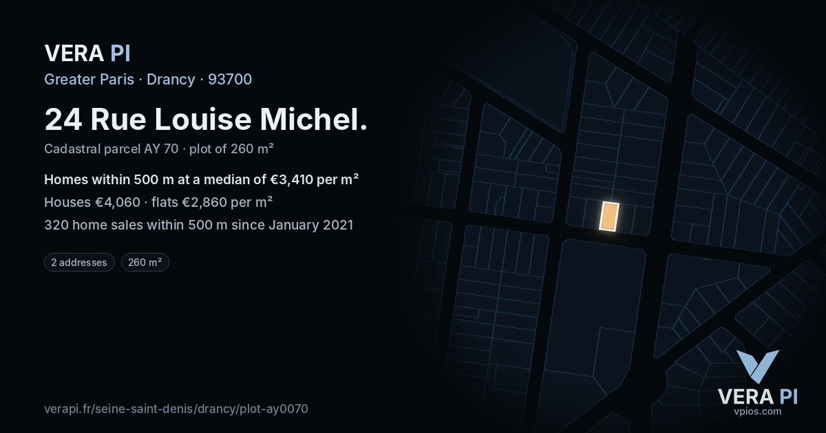 24 Rue Louise Michel, Drancy at night – the plot lit, the parcels around coloured by the prices near them