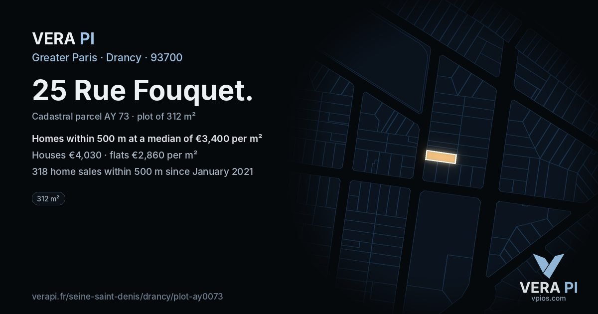 25 Rue Fouquet, Drancy at night – the plot lit, the parcels around coloured by the prices near them