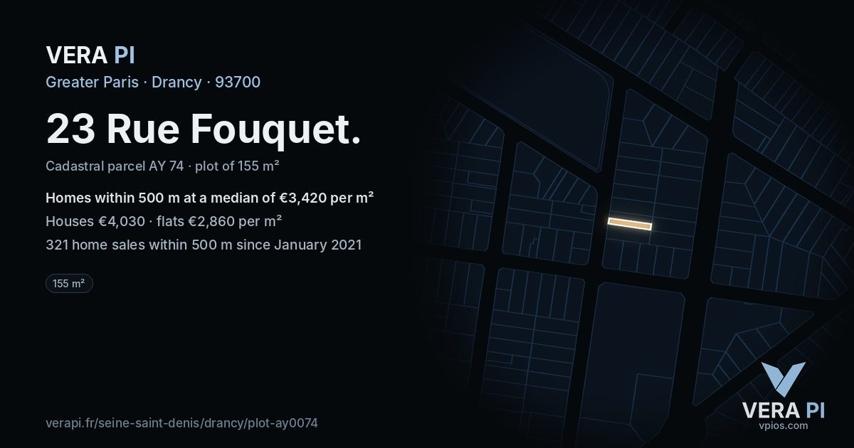 23 Rue Fouquet, Drancy at night – the plot lit, the parcels around coloured by the prices near them