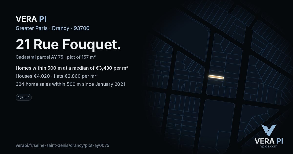 21 Rue Fouquet, Drancy at night – the plot lit, the parcels around coloured by the prices near them