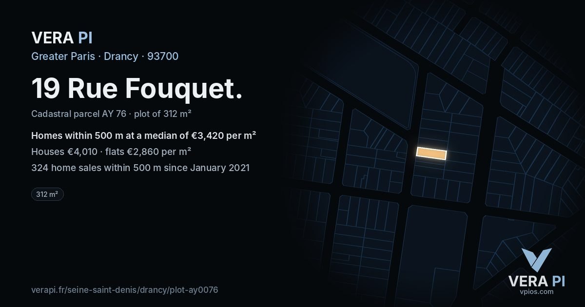 19 Rue Fouquet, Drancy at night – the plot lit, the parcels around coloured by the prices near them
