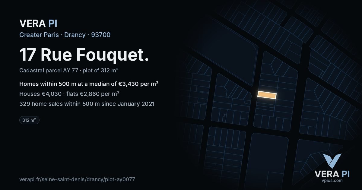 17 Rue Fouquet, Drancy at night – the plot lit, the parcels around coloured by the prices near them
