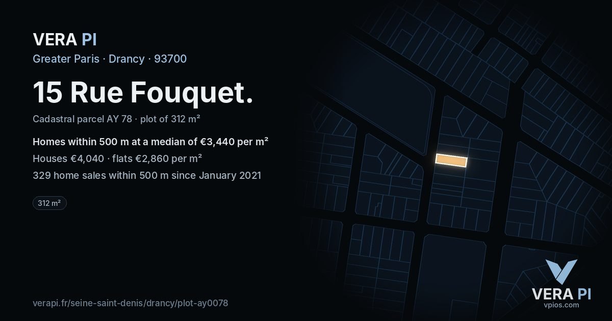 15 Rue Fouquet, Drancy at night – the plot lit, the parcels around coloured by the prices near them