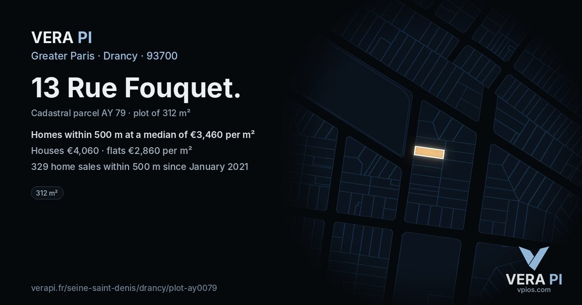 13 Rue Fouquet, Drancy at night – the plot lit, the parcels around coloured by the prices near them