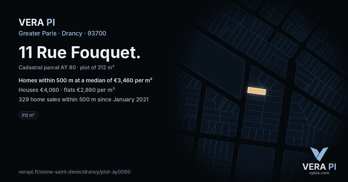 11 Rue Fouquet, Drancy at night – the plot lit, the parcels around coloured by the prices near them