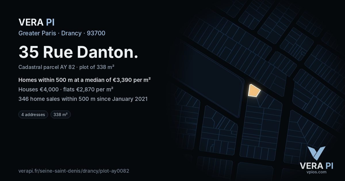 35 Rue Danton, Drancy at night – the plot lit, the parcels around coloured by the prices near them