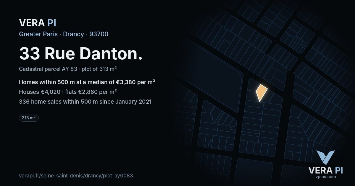 33 Rue Danton, Drancy at night – the plot lit, the parcels around coloured by the prices near them