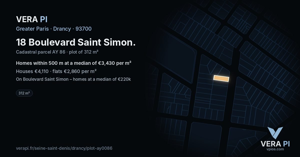 18 Boulevard Saint Simon, Drancy at night – the plot lit, the parcels around coloured by the prices near them