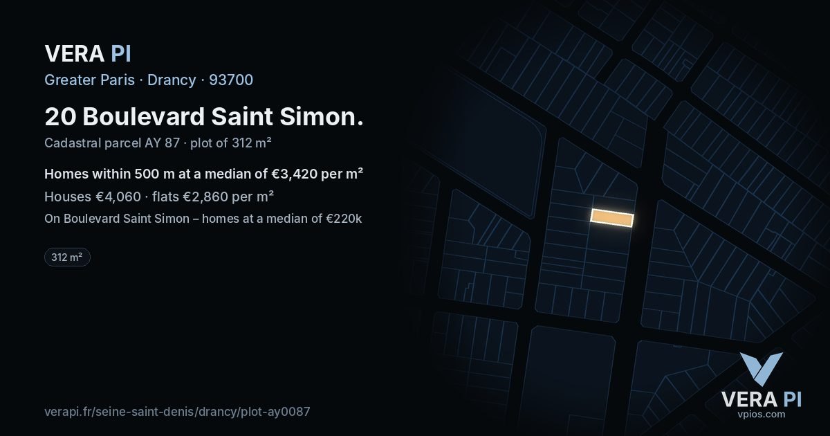 20 Boulevard Saint Simon, Drancy at night – the plot lit, the parcels around coloured by the prices near them