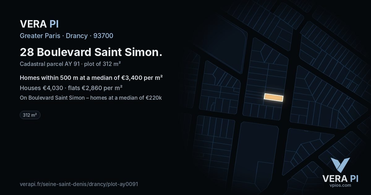 28 Boulevard Saint Simon, Drancy at night – the plot lit, the parcels around coloured by the prices near them
