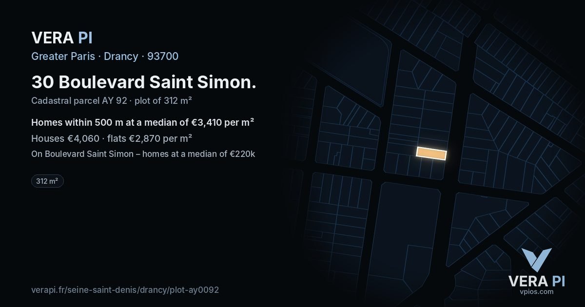 30 Boulevard Saint Simon, Drancy at night – the plot lit, the parcels around coloured by the prices near them