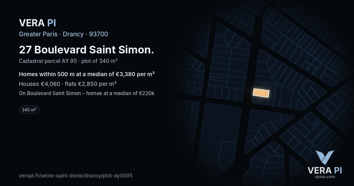 27 Boulevard Saint Simon, Drancy at night – the plot lit, the parcels around coloured by the prices near them