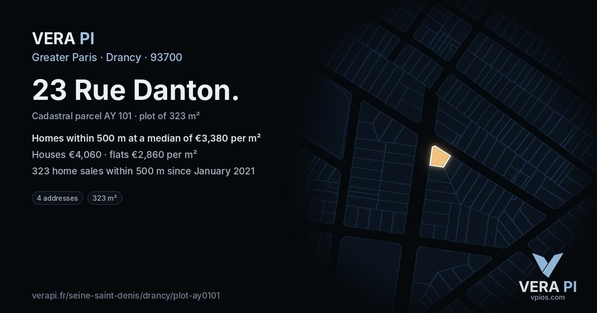 23 Rue Danton, Drancy at night – the plot lit, the parcels around coloured by the prices near them