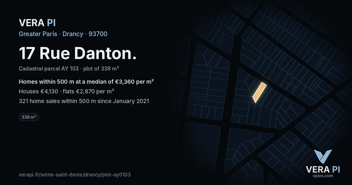 17 Rue Danton, Drancy at night – the plot lit, the parcels around coloured by the prices near them